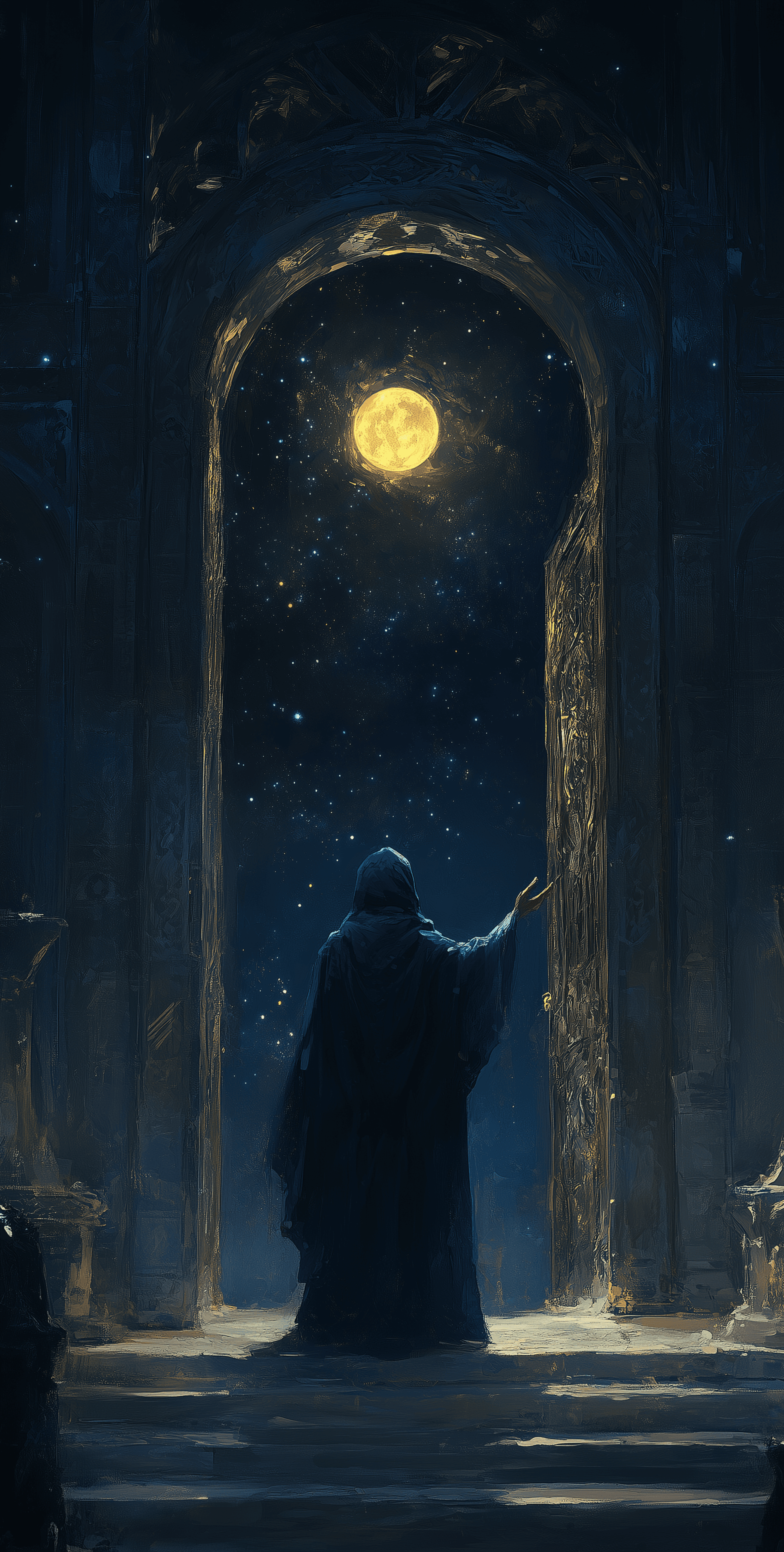 AI generated: A blue-cloaked figure stands before an open door, facing away from the viewer and holding out their ...