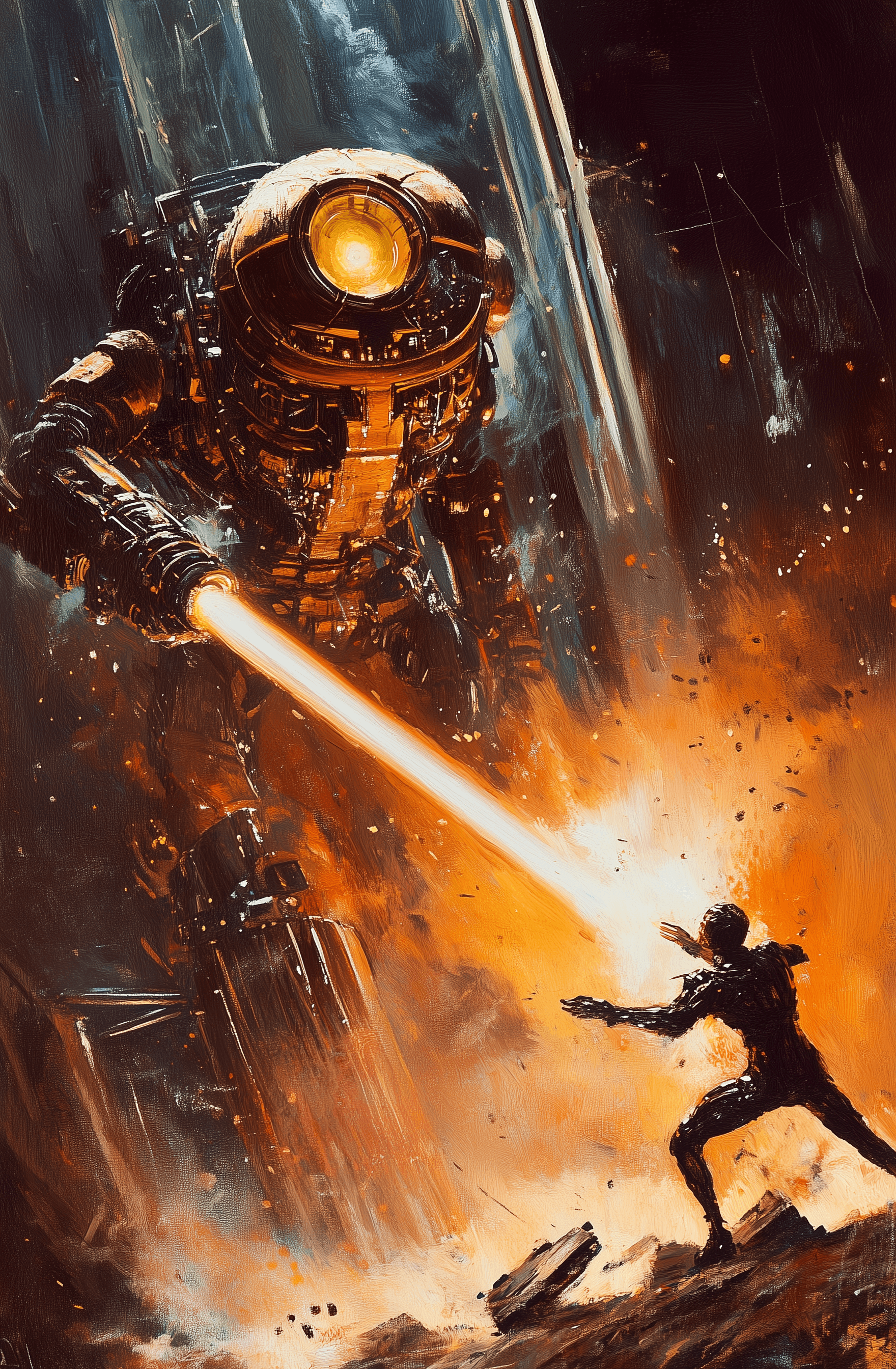 AI generated: A robot is shooting laser beams from its eyes at an alien being pulled on the floor with his legs, i...