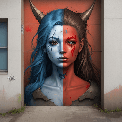 AI generated: graffiti on the wall of a building, a painting by Raphael Collin depicting a woman with red paint on...