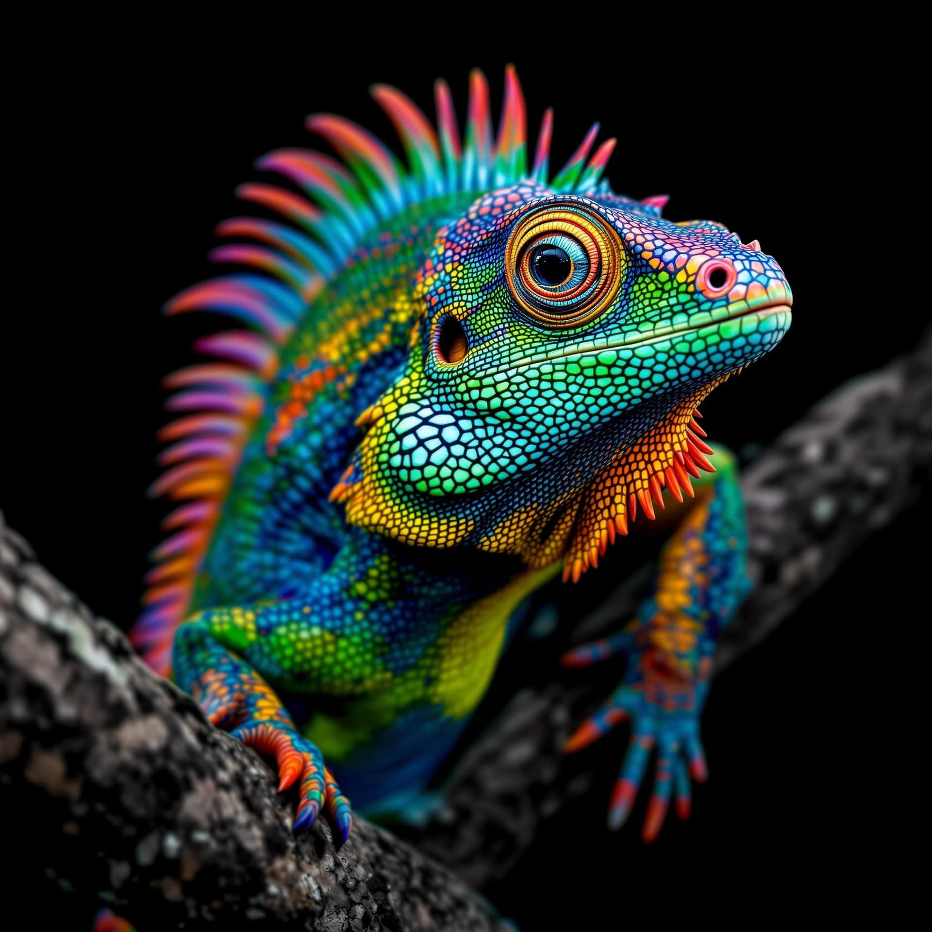 AI generated: The portrait image features a large, colorful lizard with a neck and a long tail. The lizard is on a...