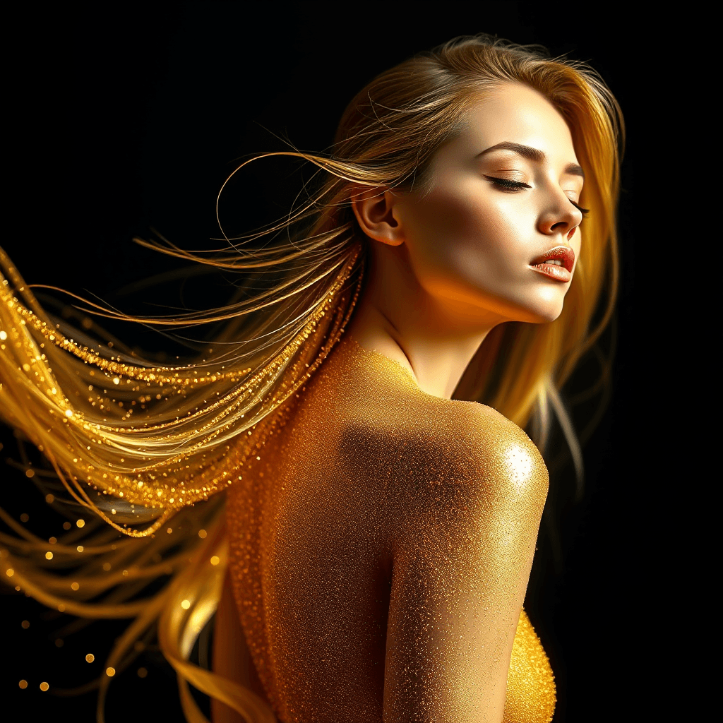 AI generated: This image is a highly stylized, 8k photograph featuring a woman with her face turned to the right, ...