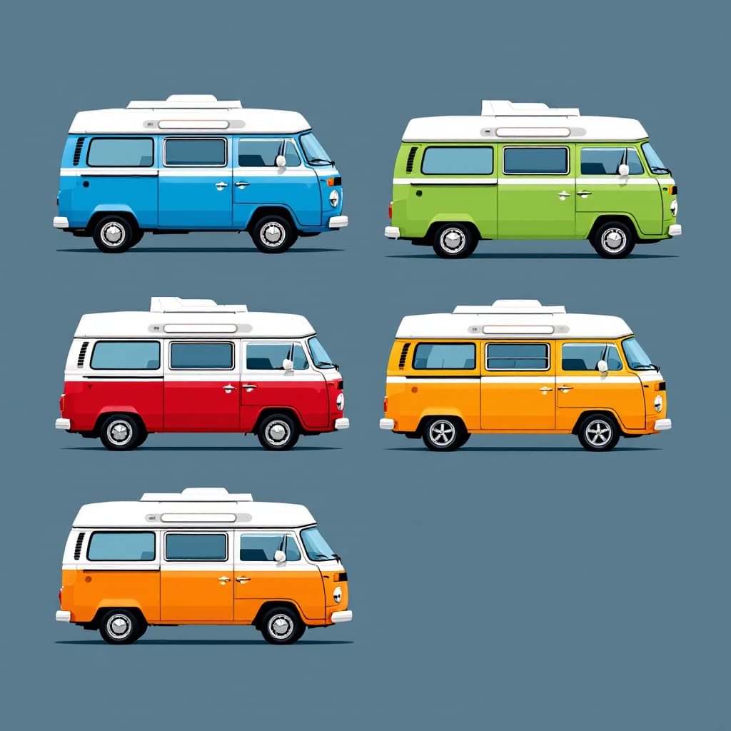 AI generated: six kombi safari motorhomes, diagonally, in the colors blue, green, yellow, red, orange, white, with...
