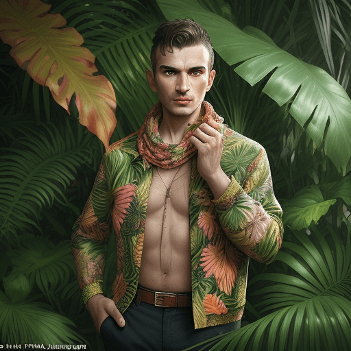AI generated: a Thracian man wearing a jacket and a scarf and a Hawaiian floral shirt, in a jungle setting, with p...
