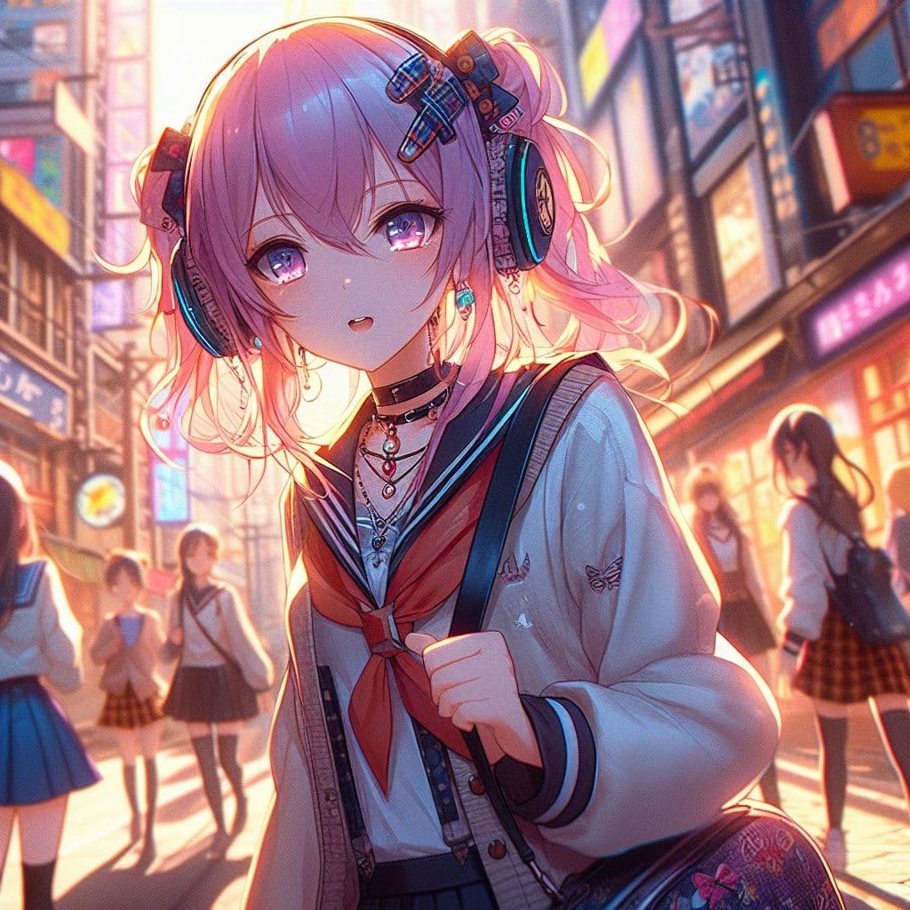 AI generated: anime by Studio Trigger style, 2D, illustration, beautiful, kawaii bishoujo fashion model, street sc...
