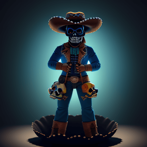 AI generated: cowboy full body character, funko doll, dia de muertos art, dia de los muertos, coco, strong warm br...