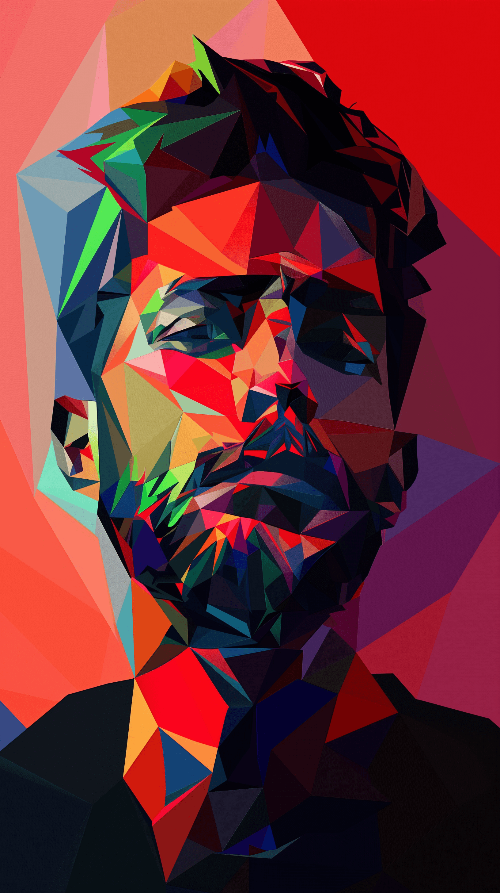 AI generated: illustration, personality art, upper-body, man, simplify, consisting of randomly colors, bold, low-p...