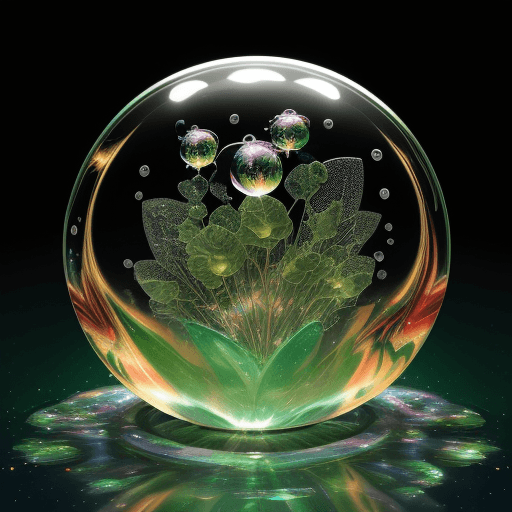 AI generated: abstract and magical style , glitters Crystal ball with green plants in water soap bubble. abstract ...