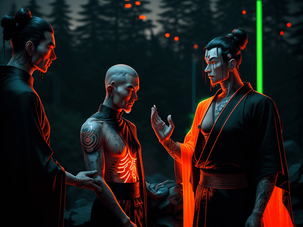 AI generated: a 26 year old cyberpunk buddhist with tattooed black hair explains with his arms outstretched to old...