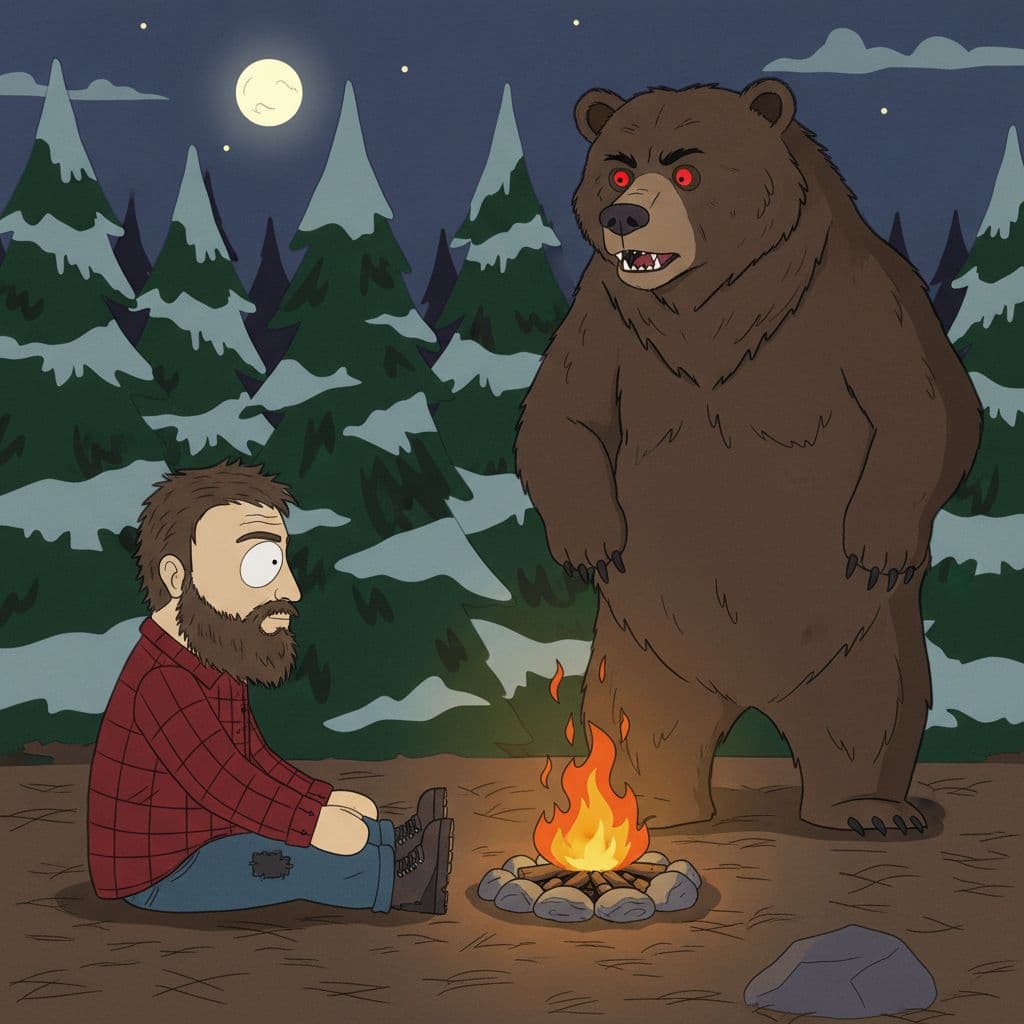 AI generated: In the style of South Park A bearded man in a flannel shirt and weathered jeans sits cross-legged be...
