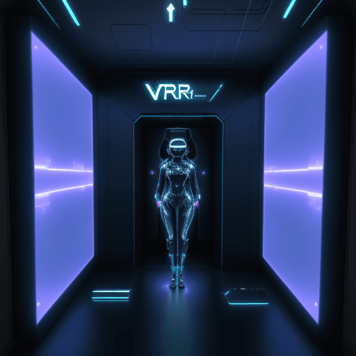 AI generated: A person entering a futuristic VR chamber in a room. Detailed, cyber punk, futuristic. 