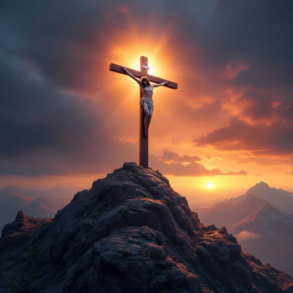 AI generated: 

IMAGEN REAL DE JESUCRISTO EN LA CRUZ SOBRE UNA MONTAÑA CON UNA PUESTA DE SOL PROMPT