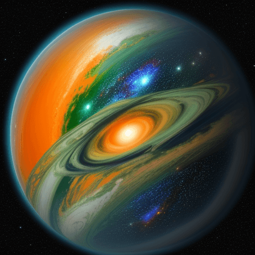 AI generated: galaxy, orange white and green planet, poetic image