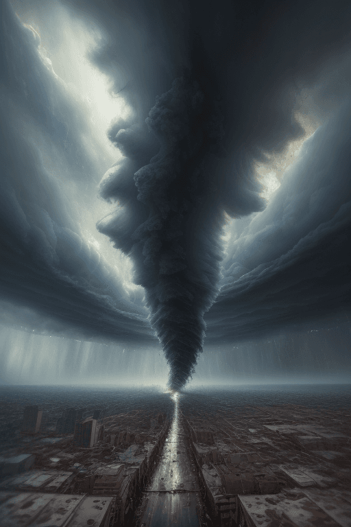AI generated: a 1child standing, sadness, oil painting, a massive swirling tornado swept through city, ultra-wide ...