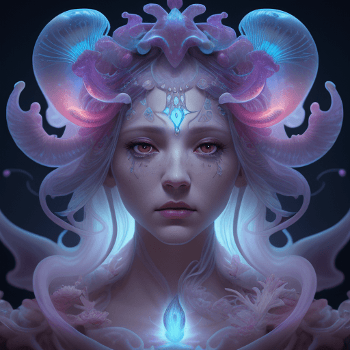 AI generated: Goddess close-up portrait ribcagel. jellyfish phoenix head, nautilus, orchid, skull, betta fish, bio...