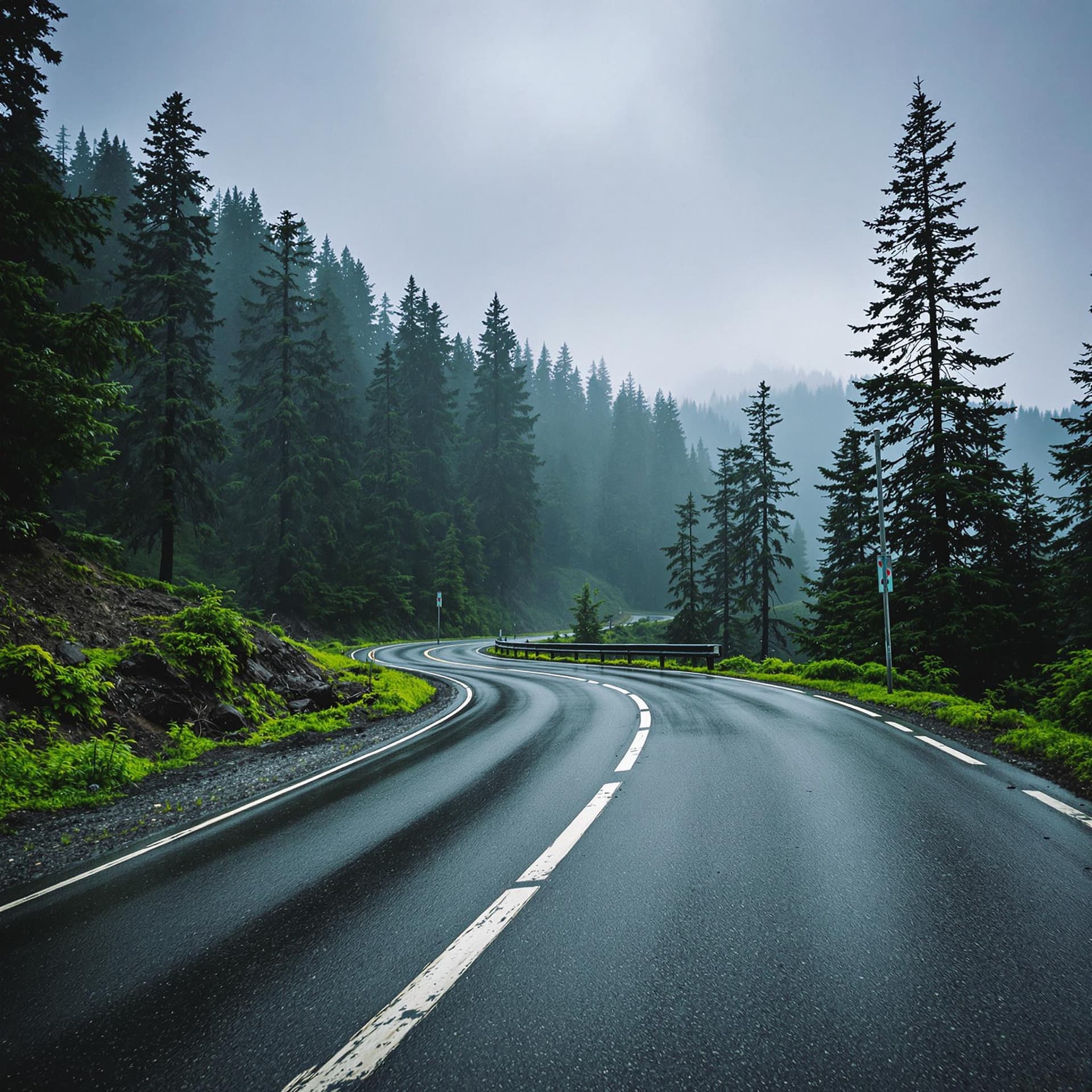 AI generated: A moody and atmospheric mountain road in Uttarakhand, India, winding through a dense forest of tall ...