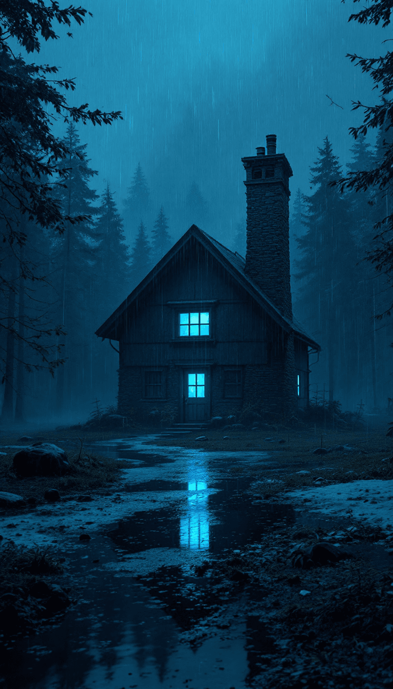 AI generated: Ultra-realistic photo of an isolated house in the forest, dramatic lighting, early morning rain, blu...