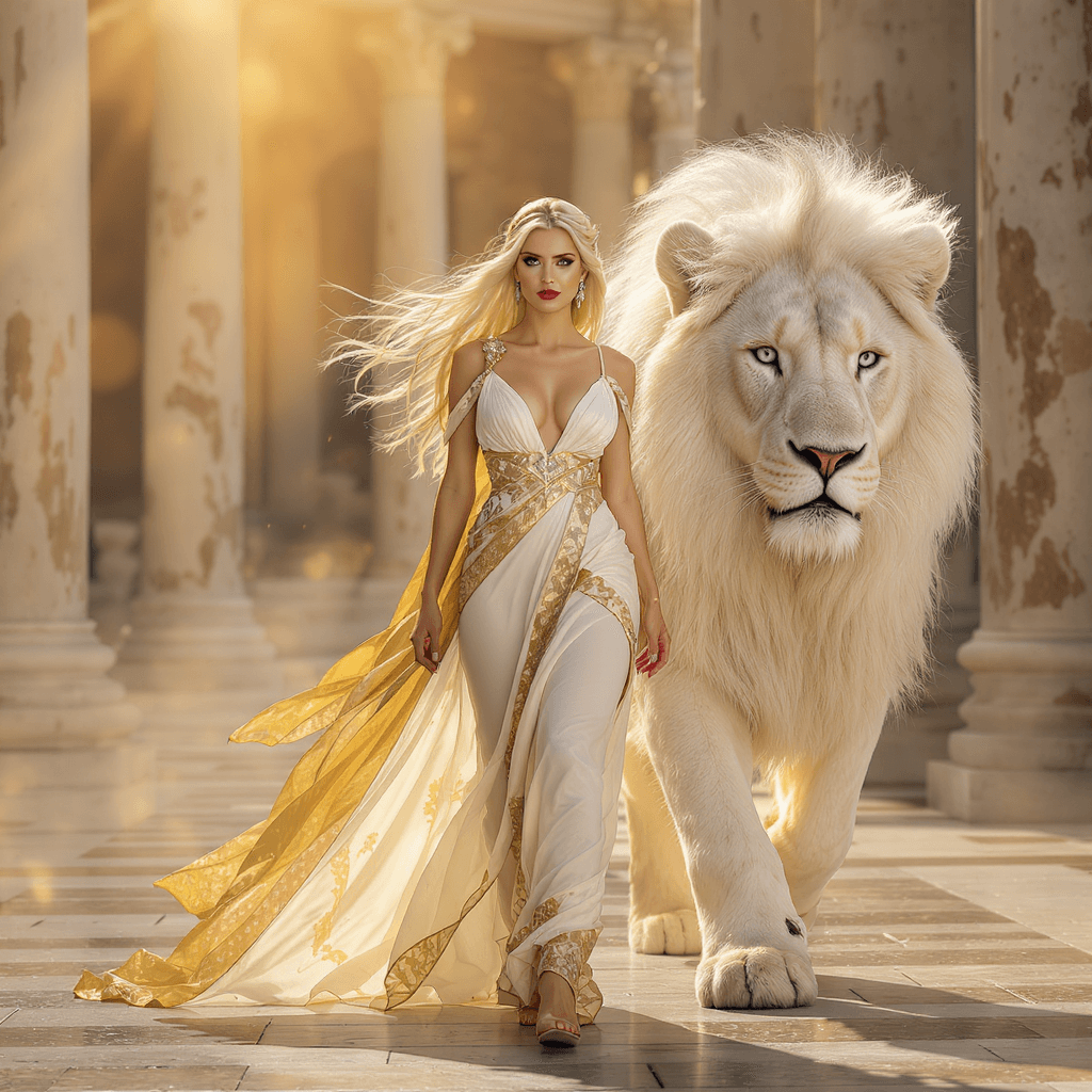 AI generated: A stunning blonde woman with long, flowing hair walks confidently toward the camera, wearing an eleg...