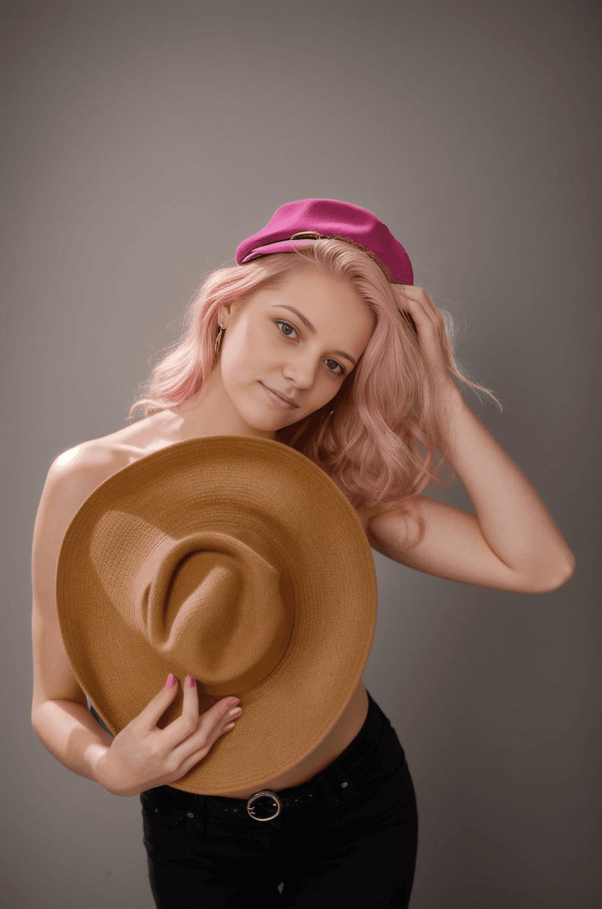 AI generated: a woman with pink hair and a hat on her head is posing for a picture with her hat on her shoulder,po...