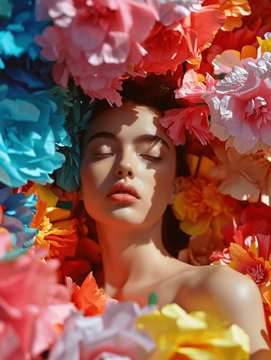 AI generated: disposable photography of a fashion model wearing paper flowers, colorful, 8k, photo realism, --ar 3...