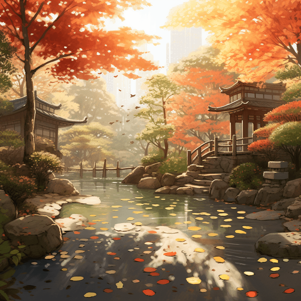 AI generated: Sparklecore, anime scenery from Studio Ghibli, serene Japanese Zen Garden, Maple Trees in Autumn Blo...