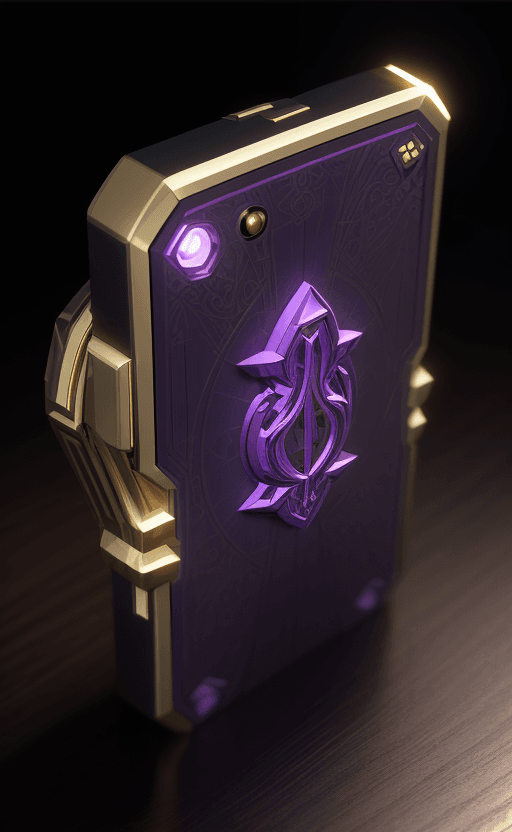 AI generated: handphone on the table with the design and character of thanos The handphone is gold and purple dark...