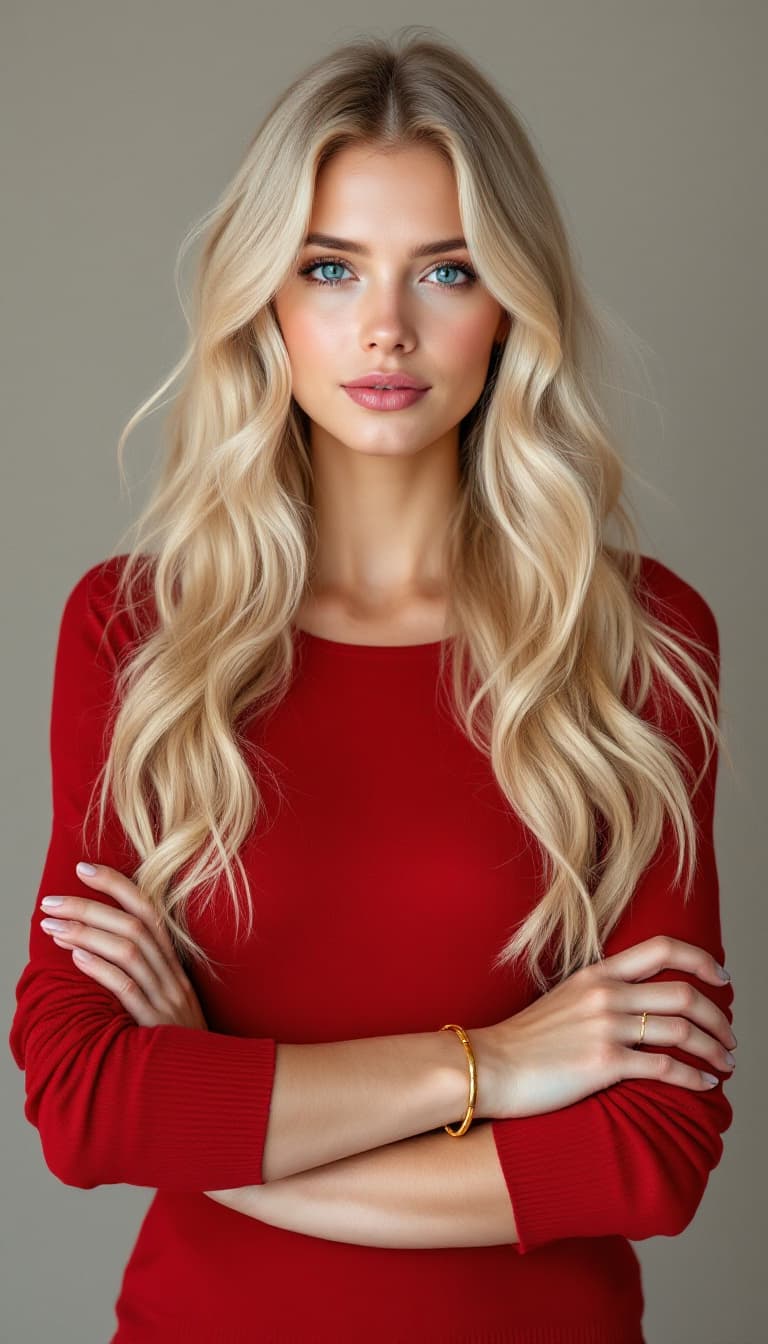 AI generated: A woman with long, wavy light light blonde hair, parted in the center, wearing a red long-sleeved to...