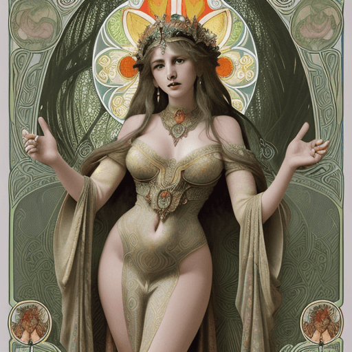 AI generated: (masterpiece best quality) aminita muscaria mushroom goddess inspired by Alphonse Mucha, wearing a l...