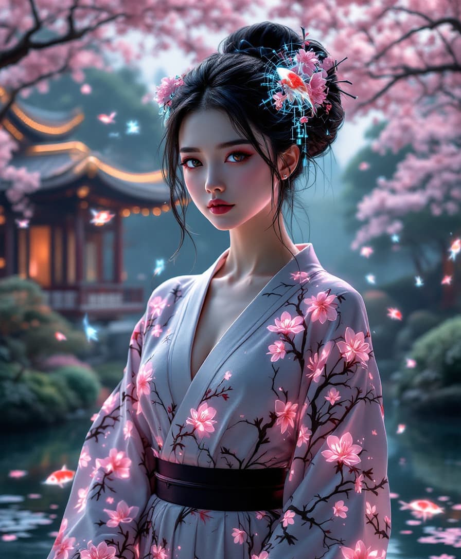 AI generated: A mesmerizing portrait of a woman in a deep V-neck top, combining elements of Japanese ukiyo-e art a...