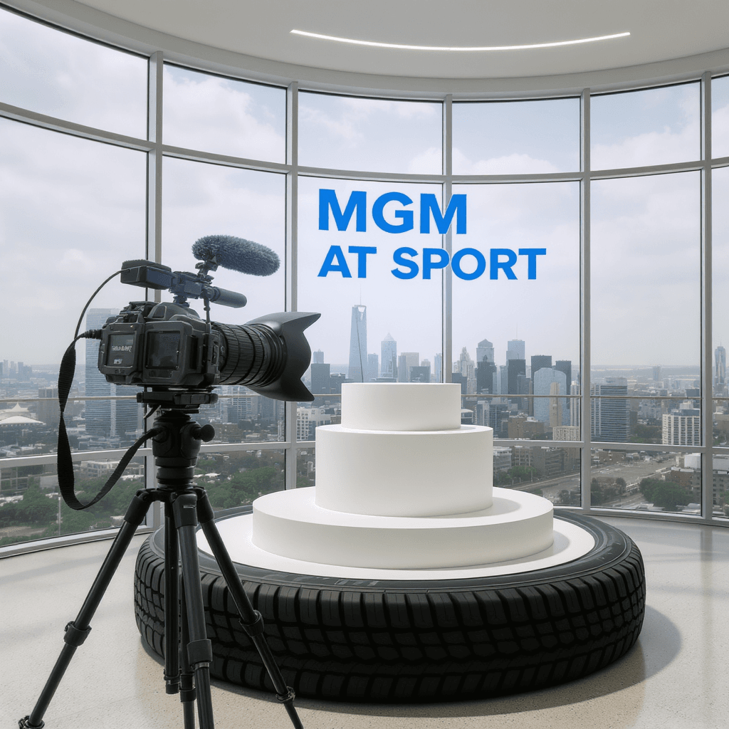 AI generated: photography, productive view, cylindrical podium with MGM AT SPORT tire