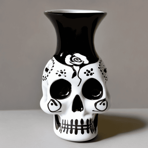 AI generated: white ceramic vase, pottery art, day of the dead, small black skull
