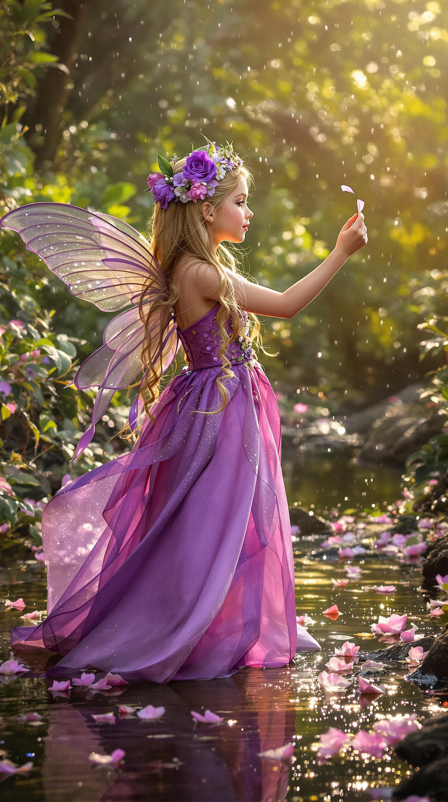 AI generated:  professional photo of a  exceptionally beautiful tiny eleven year old fairy girl, with long hair, (...