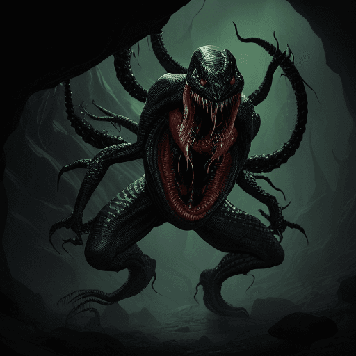 AI generated: Full body photo of a scary alien creature that looks like a reptile with venom coming out from its m...