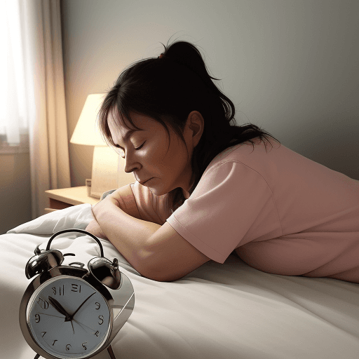 AI generated: “”A woman of about 30 years old, with a medium build, is sleeping on her side on the bed at night. T...