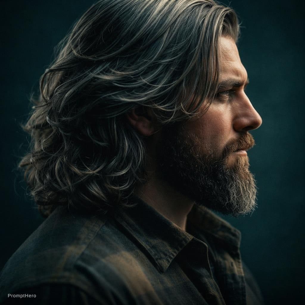 AI generated: photography, side view, man with wavy shoulder-length hair style, ash gray hair color, high-end groo...