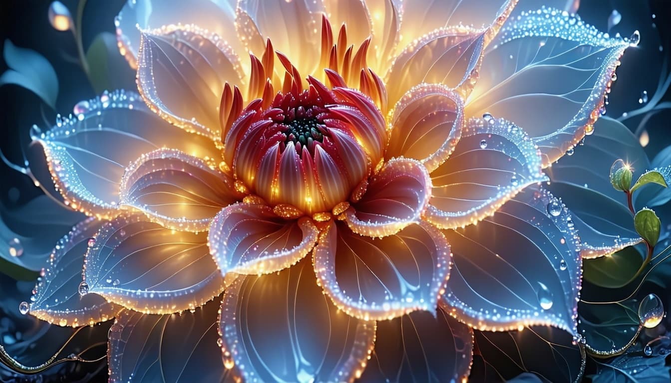 AI generated: a dahlia woven entirely from glowing spider silk, sparkling with morning dew