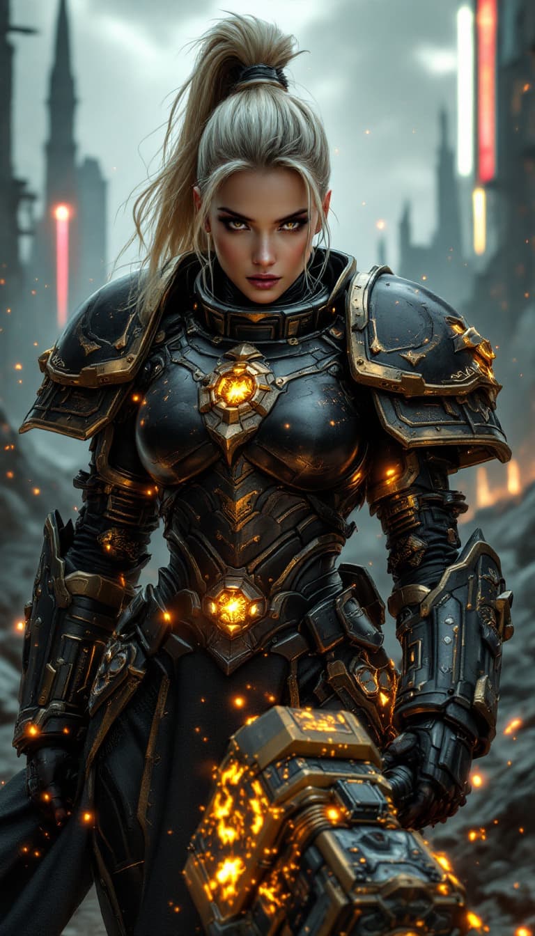 AI generated: A dynamic angle, full-body view, realistic portrait of a female space marine, her blonde hair pulled...