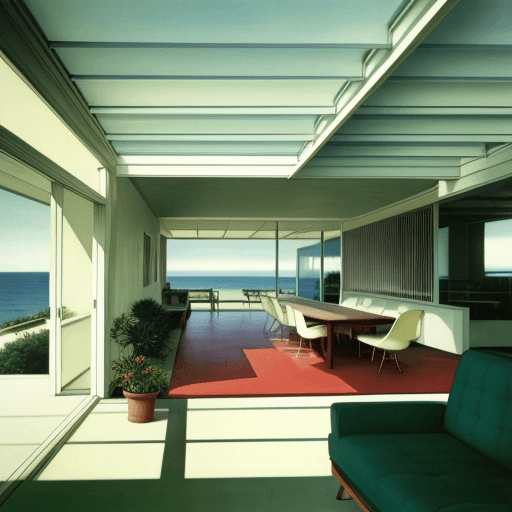 AI generated: painted with watercolors eye level exterior photo of a mid century modern style house overlooking th...