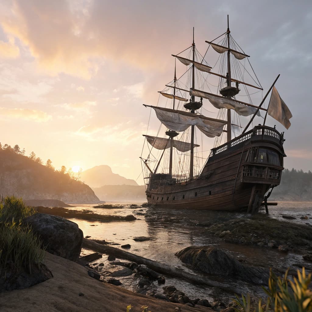 AI generated: Photo of a ultra realistic sailing ship, dramatic light, pale sunrise, cinematic lighting, battered,...