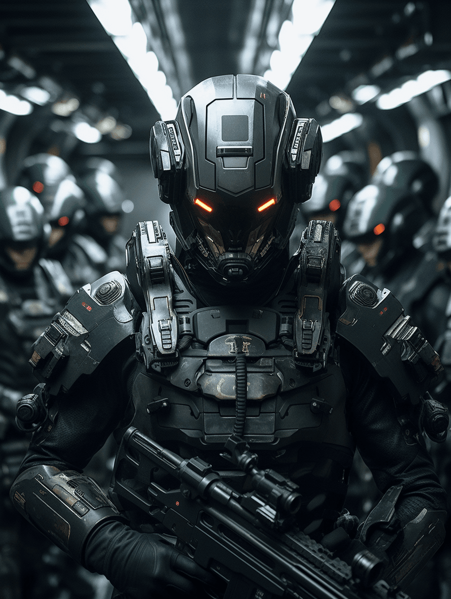 AI generated: Futuristic Soldiers with advanced armor lined up through the ship's hatch, guns blazing, weaponry, a...