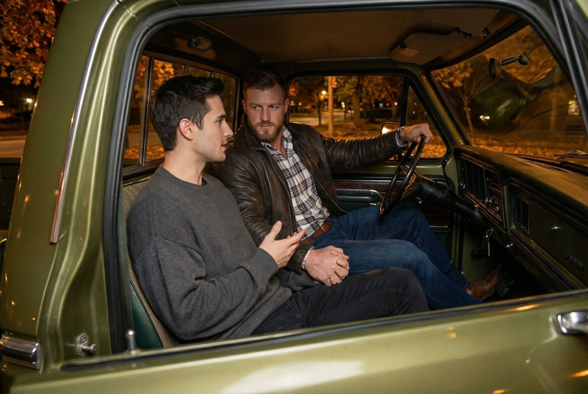 AI generated: In an Autumn night, the model is driving a Ford olive green pick up truck. 

He is driving the pick ...