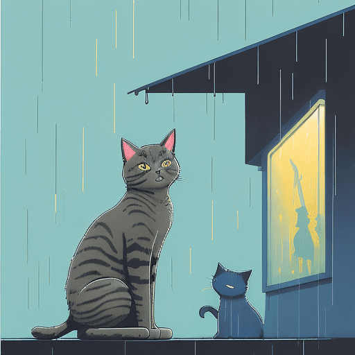 AI generated: a cat in the rain, in the style of jim mahfood, light gold and sky-blue, aro wiesenfeld, soggy, jon ...