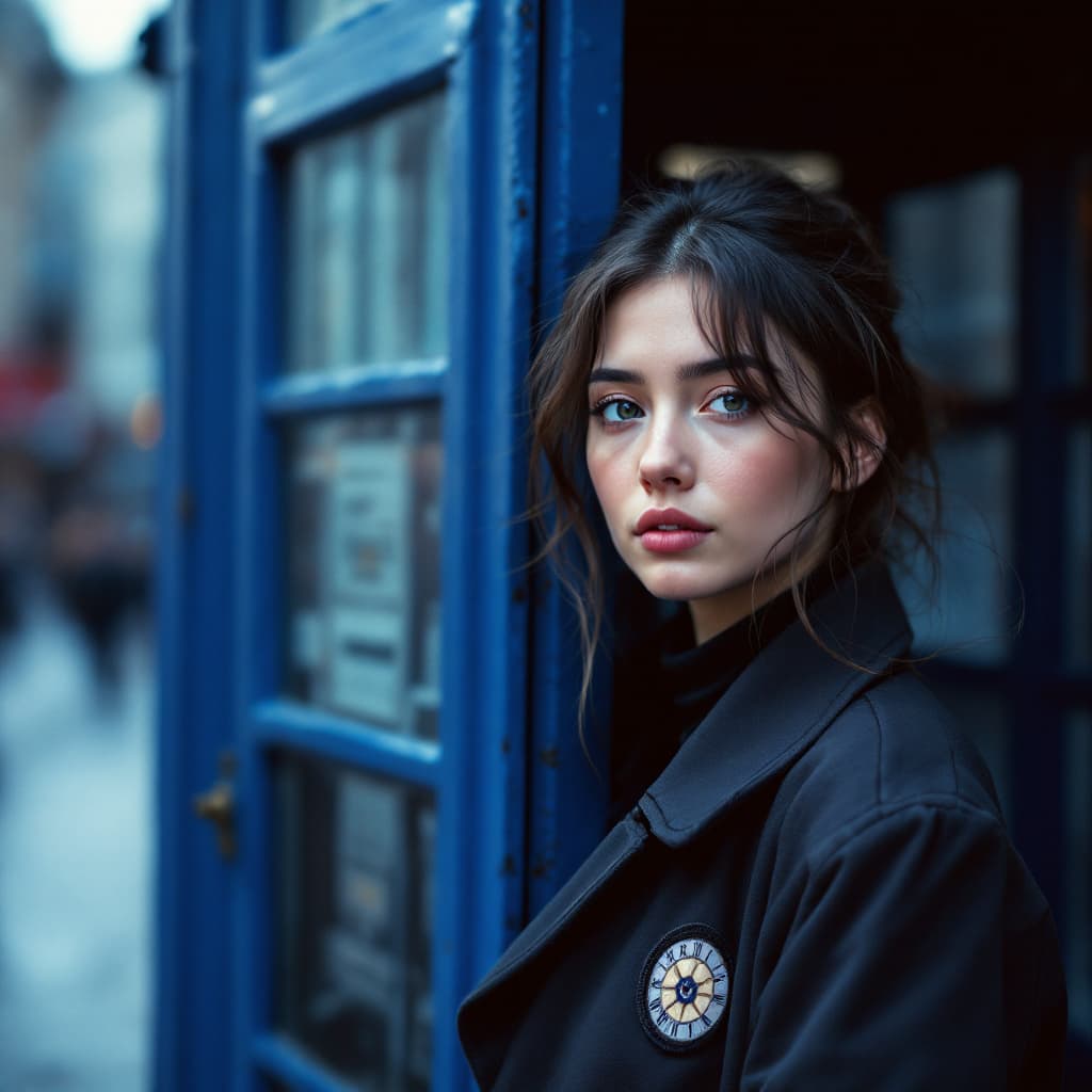 AI generated: Dr.WHO ,pertty young female,she is 30year old, she is stand next to ,60s british police telephone bo...