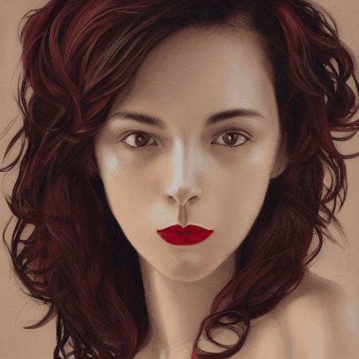 AI generated: a close up portrait of a woman with high detailled face, with black wavy hair and brown eyes and red...
