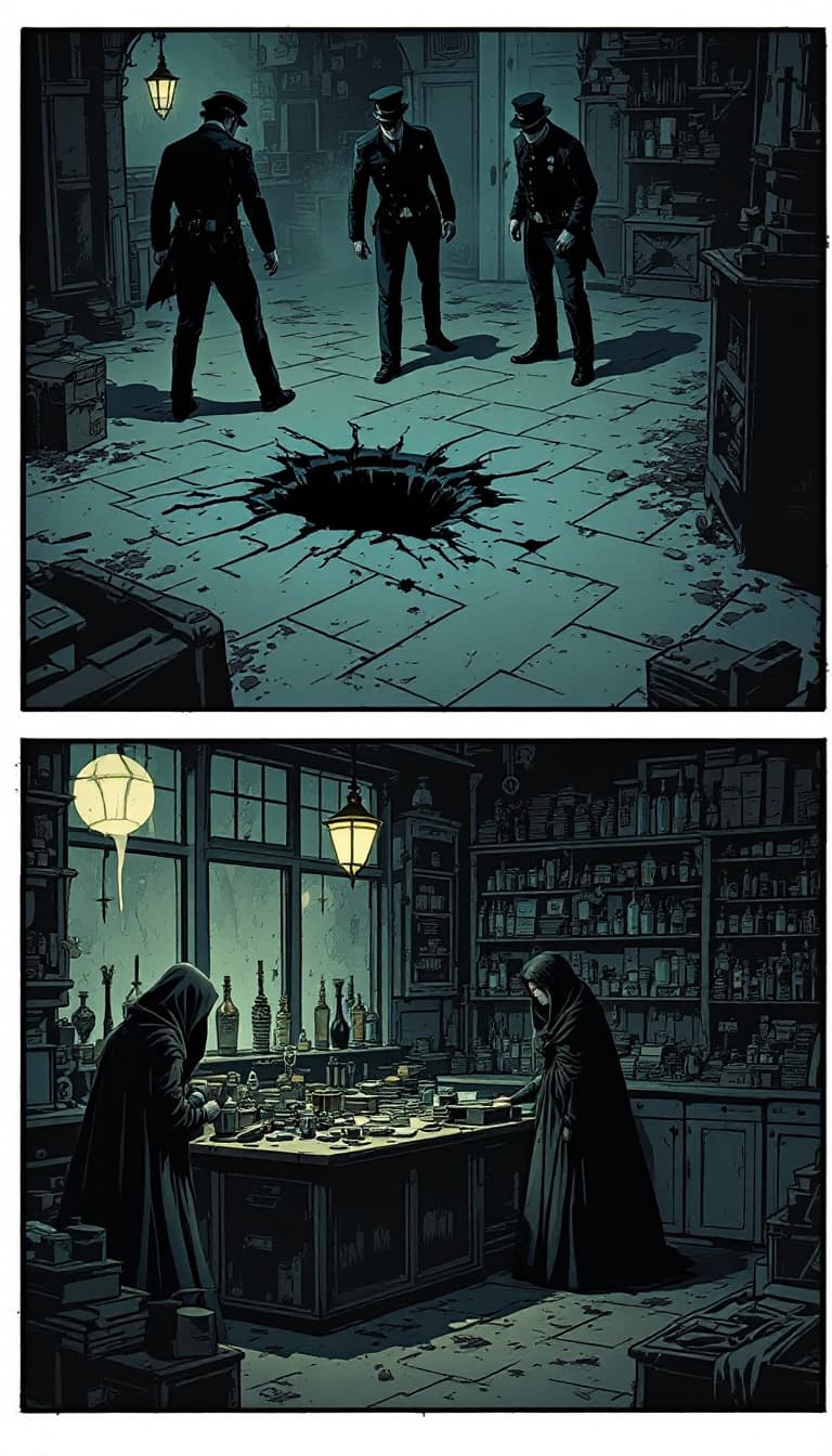 AI generated: Victorian police in dark uniforms inspect a disturbed kitchen floor, lanterns casting eerie shadows ...
