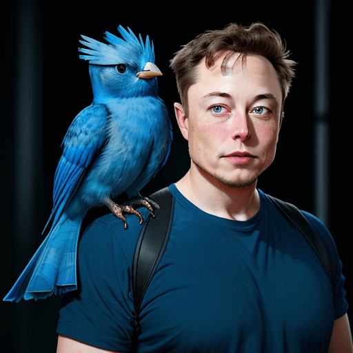 AI generated: front shot of (Elon Musk) with the (blue (twitter) bird) perched on his shoulder,  8k, hyperrealisti...