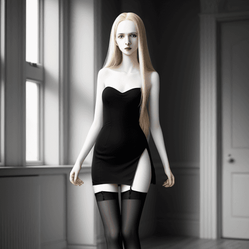 AI generated: A standing blonde, young adult, straight hair, pale skin, slim, in a room, dress, black stockings.