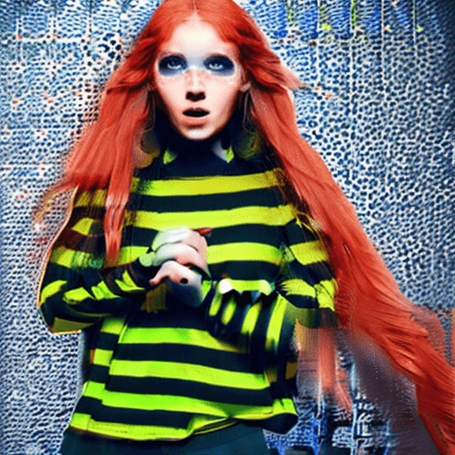 AI generated: very skinny cyber girl, tomboy, beautiful face, glowing neon eyes , slim waist, athletic, long and v...