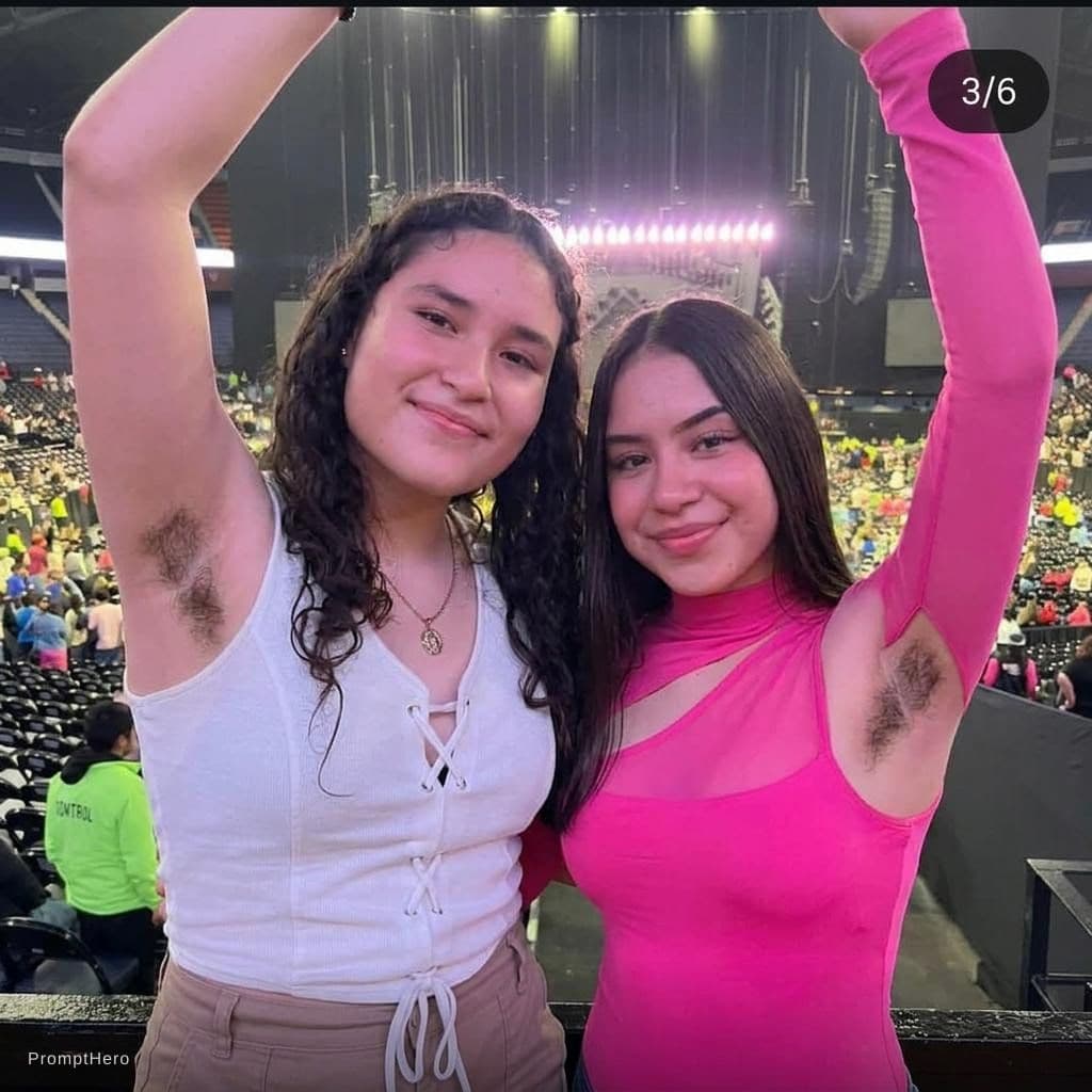 AI generated: 18 years girls unshaved armpits, very hairy close up, both arms up, detailed armpits tanned skin