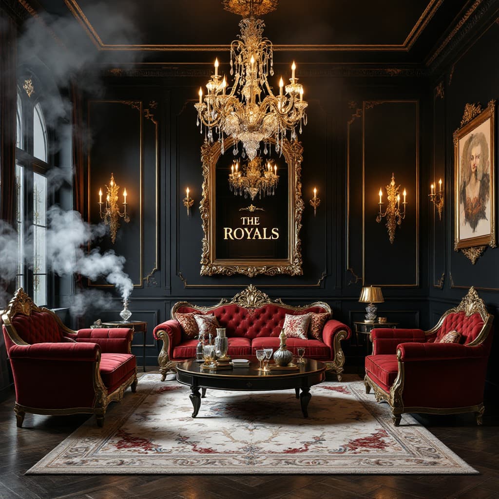 AI generated: Create a grand, opulent poster for 'The Royals' vintage party. The scene is a lavish Rococo/Baroque-...