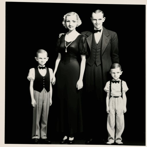 AI generated: Vintage photo of an average vampire family from the late 1930s, mom and dad with their son standing ...